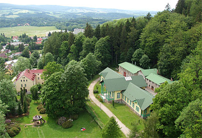 Lázeňská léčebna Lázně Kynžvart - letecký pohled na areál léčebny